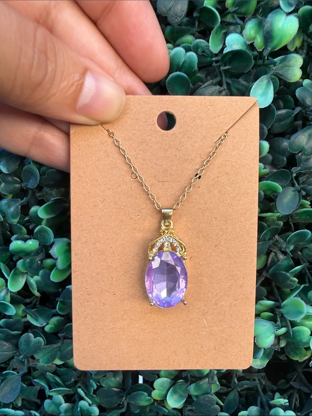 Gold Plated Necklace with Purple Oval Pendant